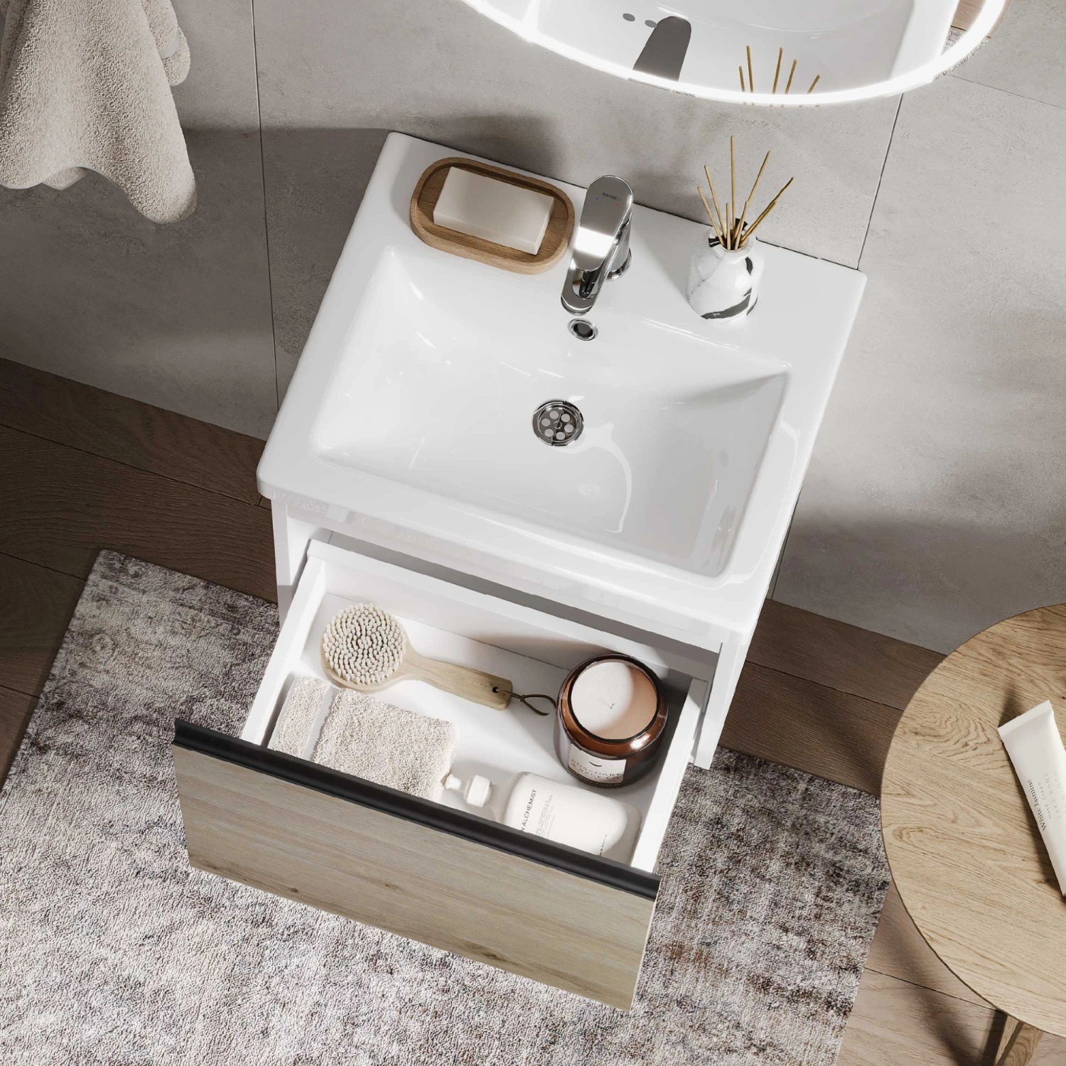 Тумба подвесная Vigo Cross 500-0-1 с раковиной Como 50, 1 ящик, дуб давос/белый от магазина Vanna-Vanna.ru!