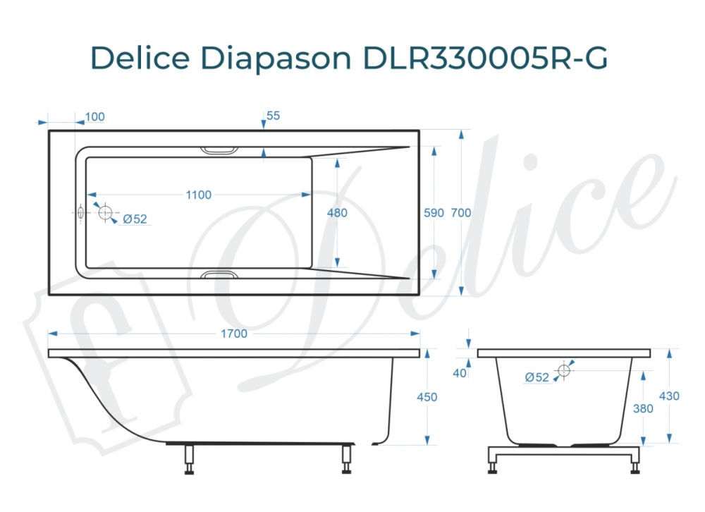 Ванна из литьевого мрамора Delice Diapason 170х70 глянцевая с ручками Хром DLR330005R-G от магазина Vanna-Vanna.ru!