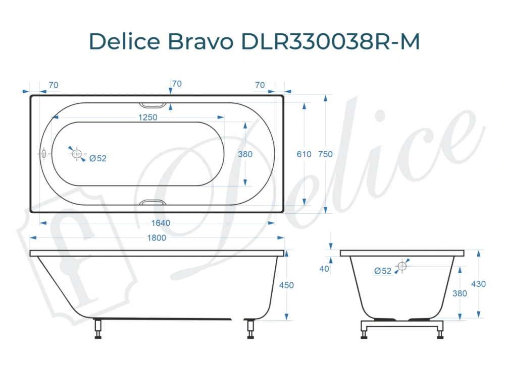 Ванна из литьевого мрамора Delice Bravo 180х75 матовая с ручками Хром DLR330038R-M от магазина Vanna-Vanna.ru!