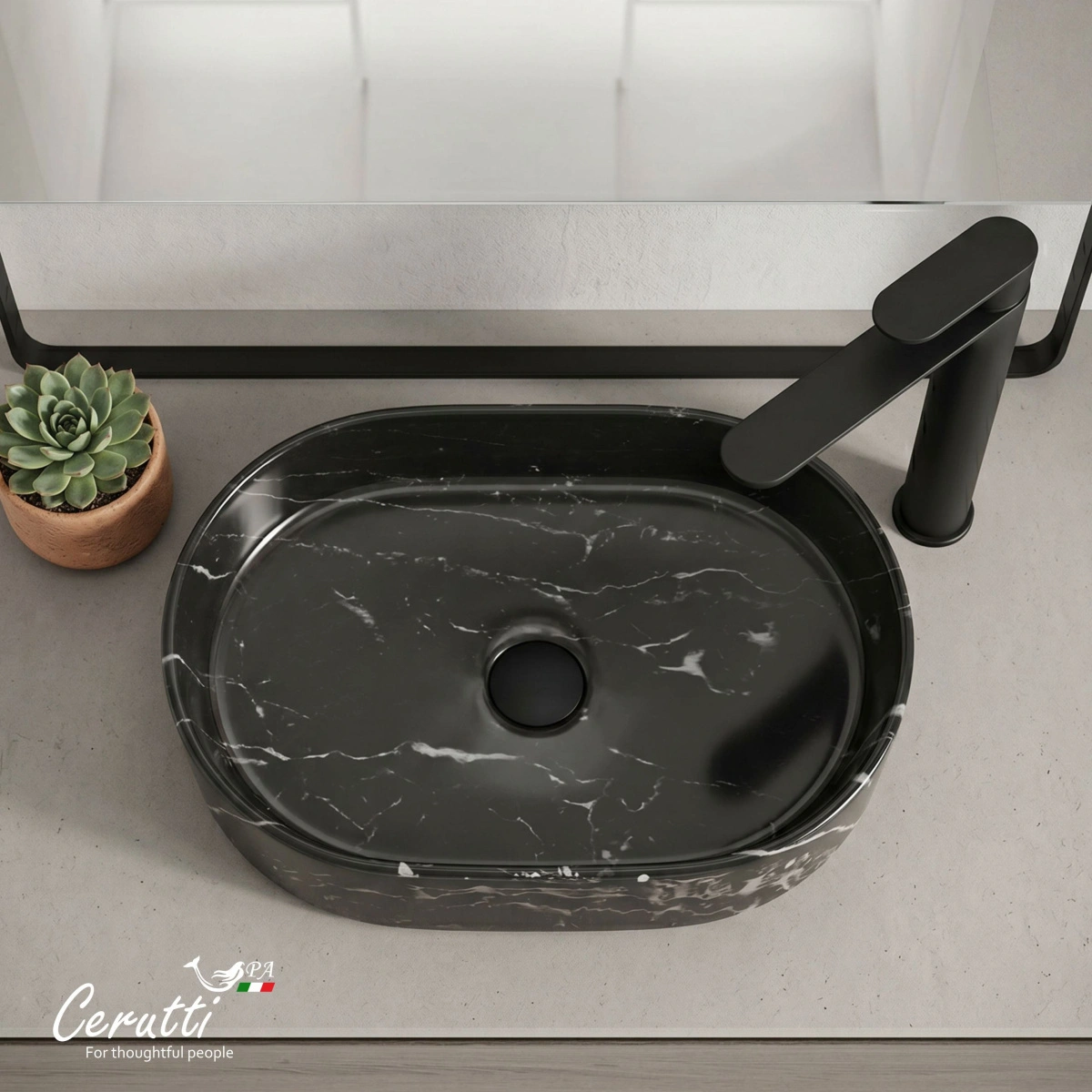 Раковина Ceruttispa CR0055B MMB2 накладная, мрамор матовый черный, овальная 500х350х120 от магазина Vanna-Vanna.ru!