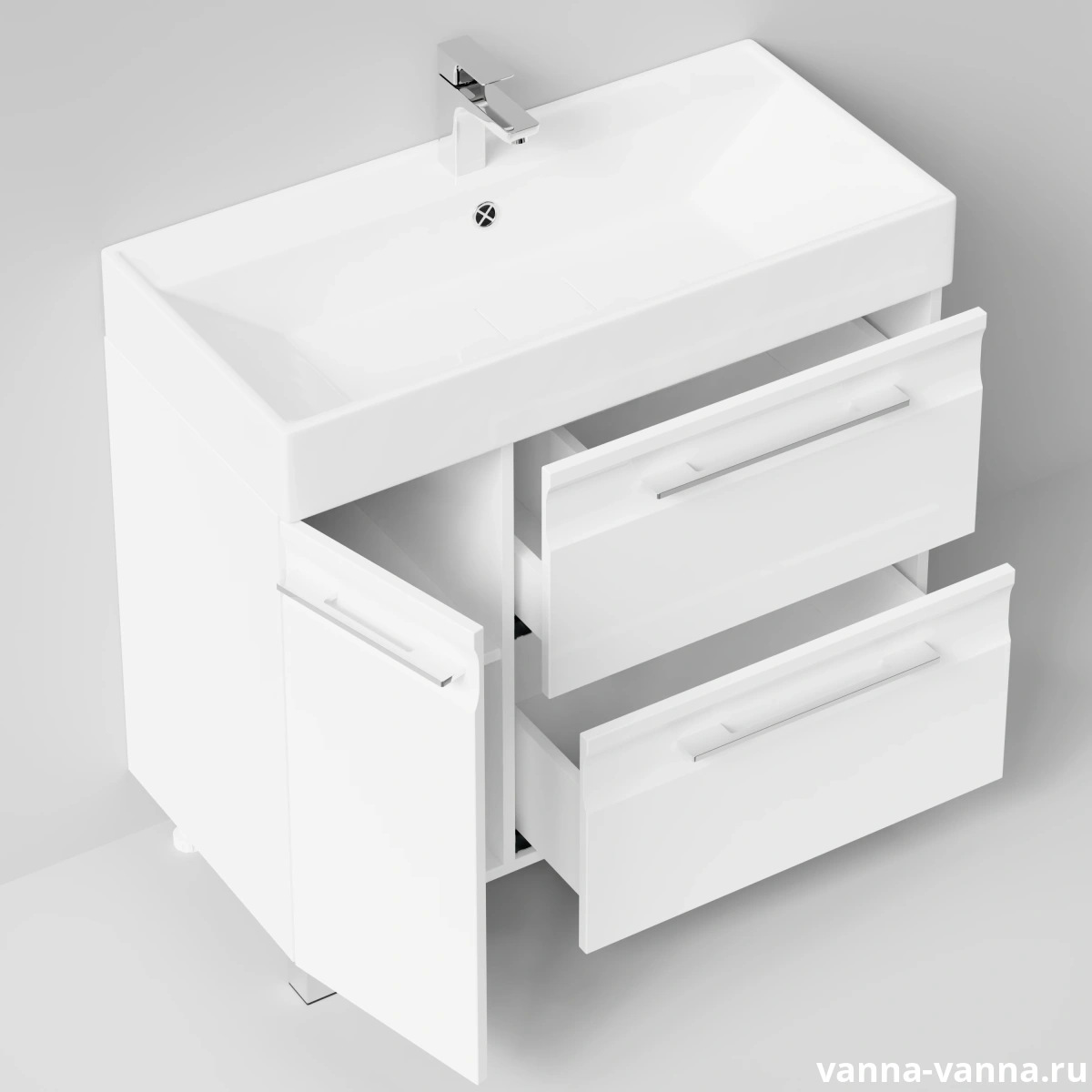 Тумба с раковиной Vod-ok Мальта 90 напольная, 2 ящика, дверь слева, белый глянец от магазина Vanna-Vanna.ru!