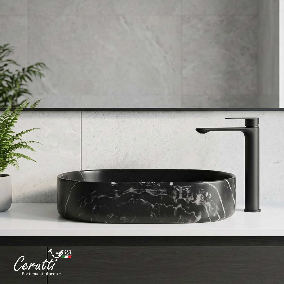 Раковина Ceruttispa CR0055B MMB2 накладная, мрамор матовый черный, овальная 500х350х120 от магазина Vanna-Vanna.ru!