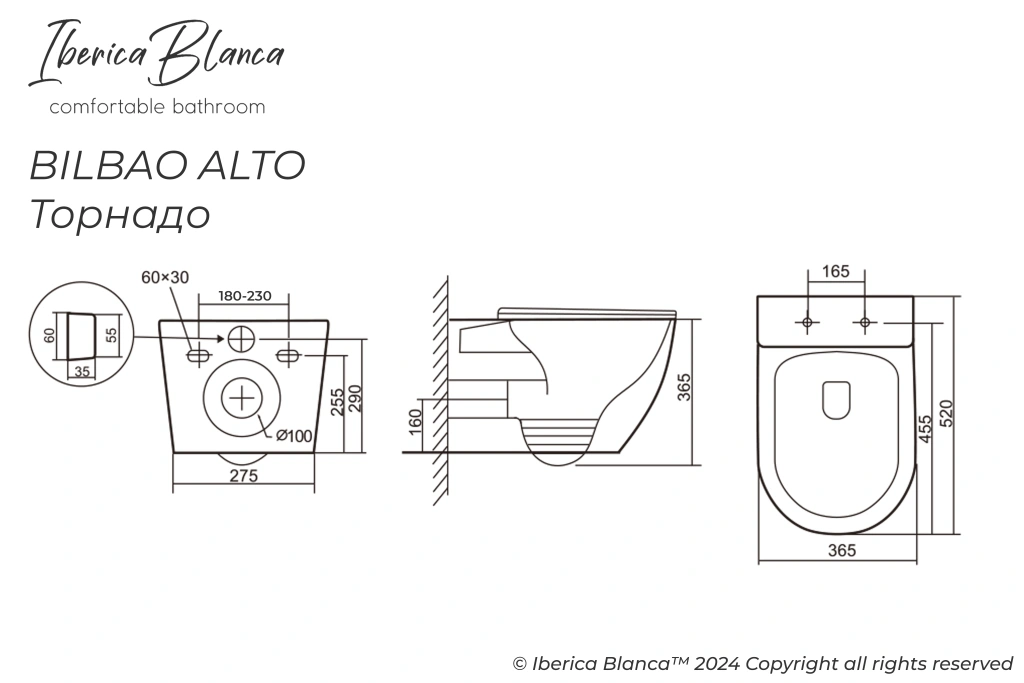 Комплект 3в1 IBERICA BLANCA инсталляция SILENCIO MINI, унитаз BILBAO ALTO белый, кнопка смыва INOX-S золото матовое (IB.001M.BLA.234.1603)