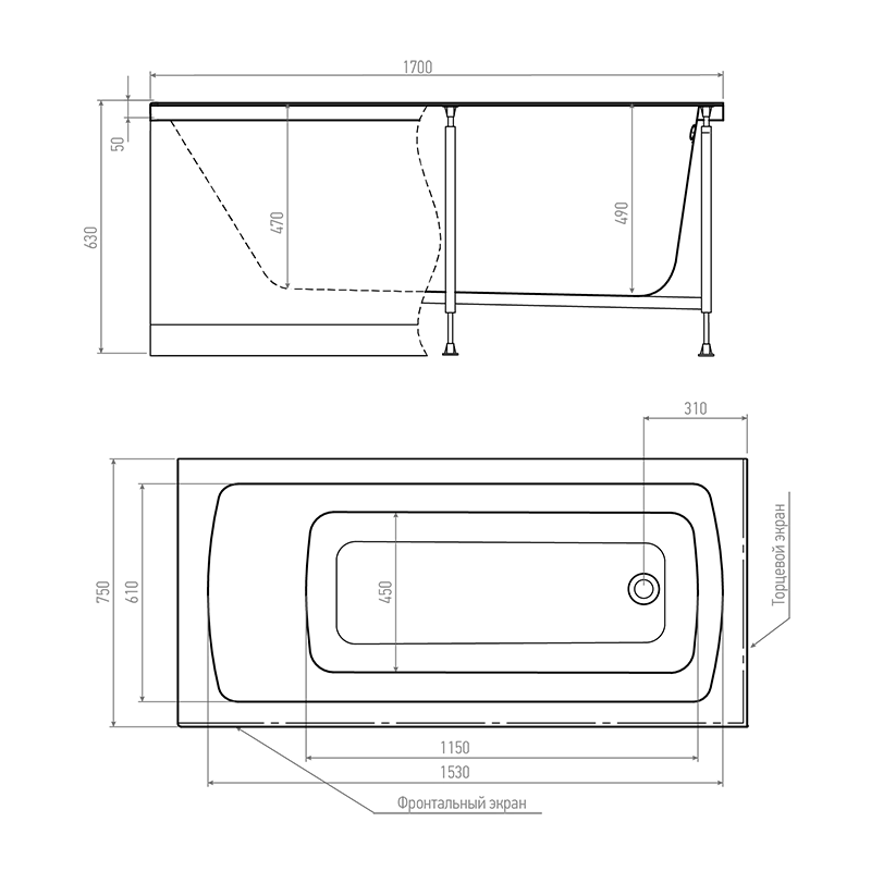 Комплект (4в1) Акриловая ванна TIMO RITTA1270 120*70*63+Каркас+Слив-перелив+Фронтальная панель