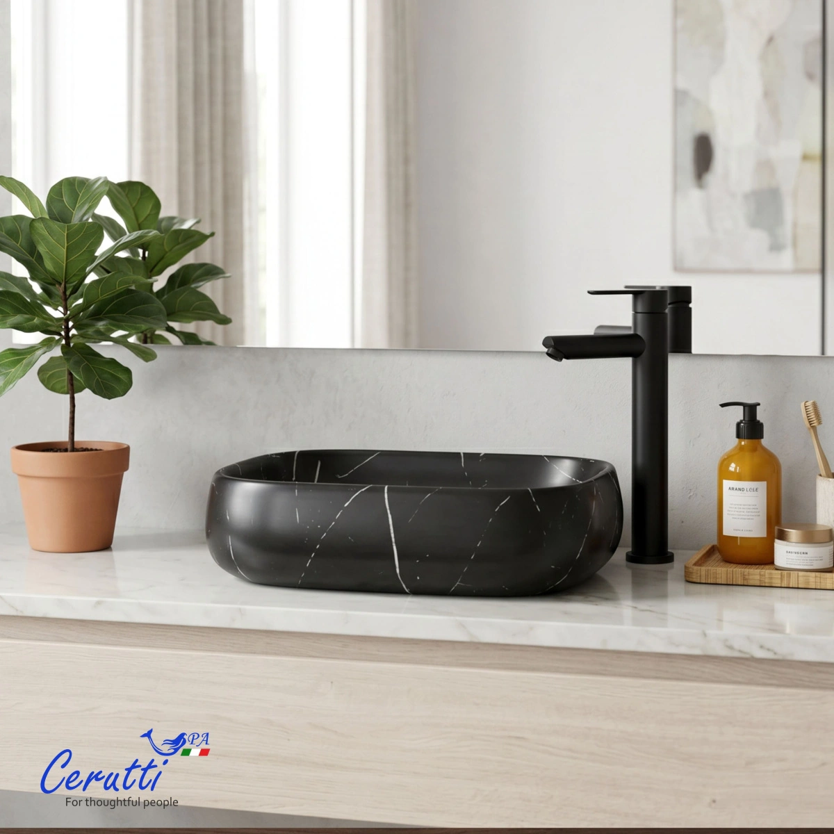Раковина Ceruttispa CR0086 MMB2 накладная, мрамор матовый черный, прямоугольная 565х400х145 от магазина Vanna-Vanna.ru!