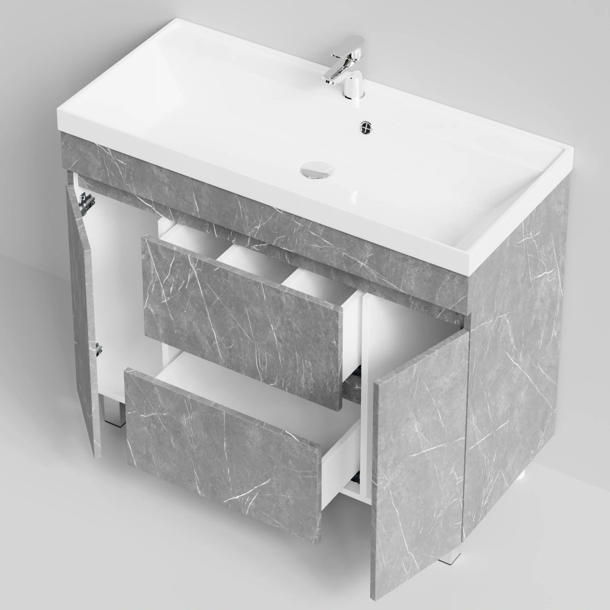 Тумба с раковиной Vod-ok Бест 100 (2 ящика, 2 двери) напольная, Мрамор Серый софт тач от магазина Vanna-Vanna.ru!