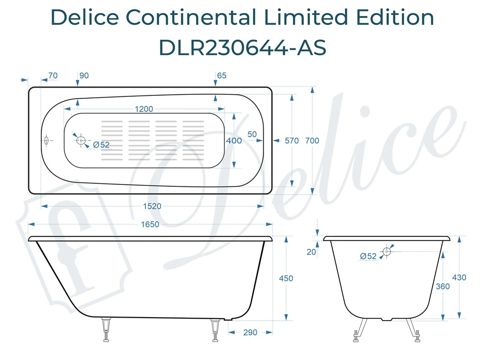 Ванна чугунная Delice Continental Limited Edition 165х70 DLR230644-AS с антискользящим покрытием от магазина Vanna-Vanna.ru!