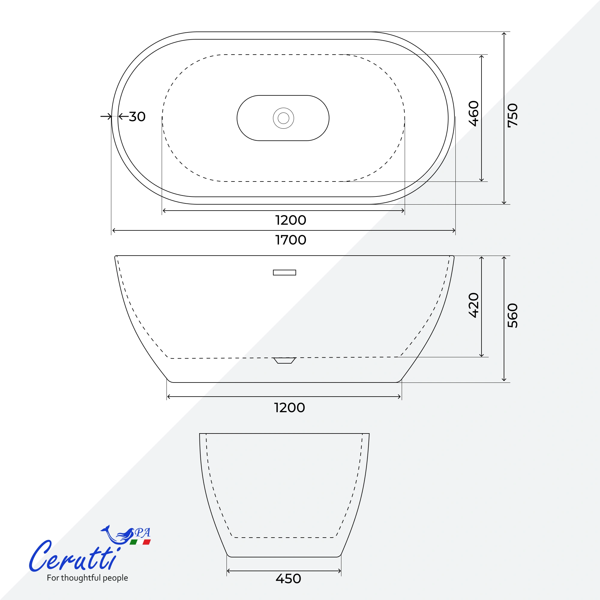 Ванна акриловая Ceruttispa АВАТР (AVATR) CT12267 отдельностоящая, 170 белая, со сливом-переливом (1700x750x560) от магазина Vanna-Vanna.ru!