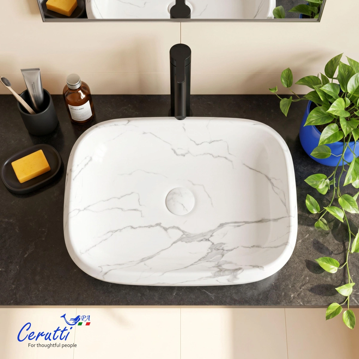 Раковина Ceruttispa CR0086 MMW2 накладная, мрамор матовый белый, прямоугольная 565х400х145 от магазина Vanna-Vanna.ru!