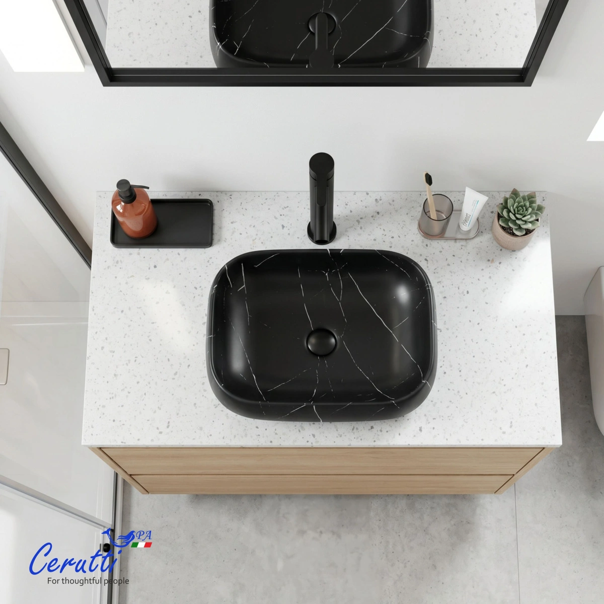 Раковина Ceruttispa CR0086 MMB2 накладная, мрамор матовый черный, прямоугольная 565х400х145 от магазина Vanna-Vanna.ru!