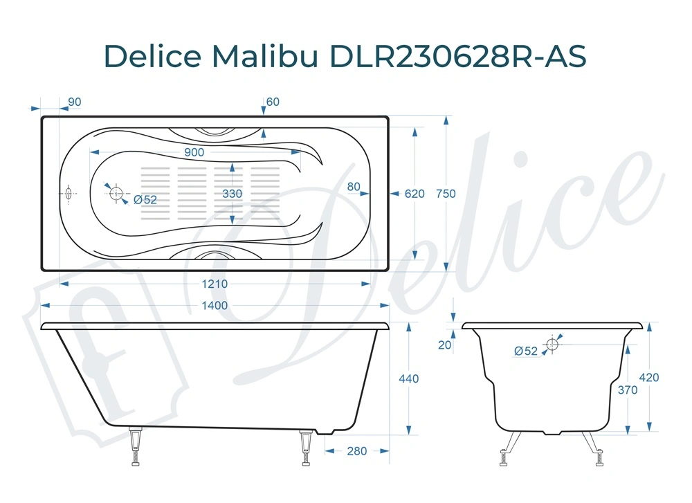 Ванна чугунная Delice Malibu 140х75 DLR230628R-AS с отверстиями под ручки и антискользящим покрытием от магазина Vanna-Vanna.ru!