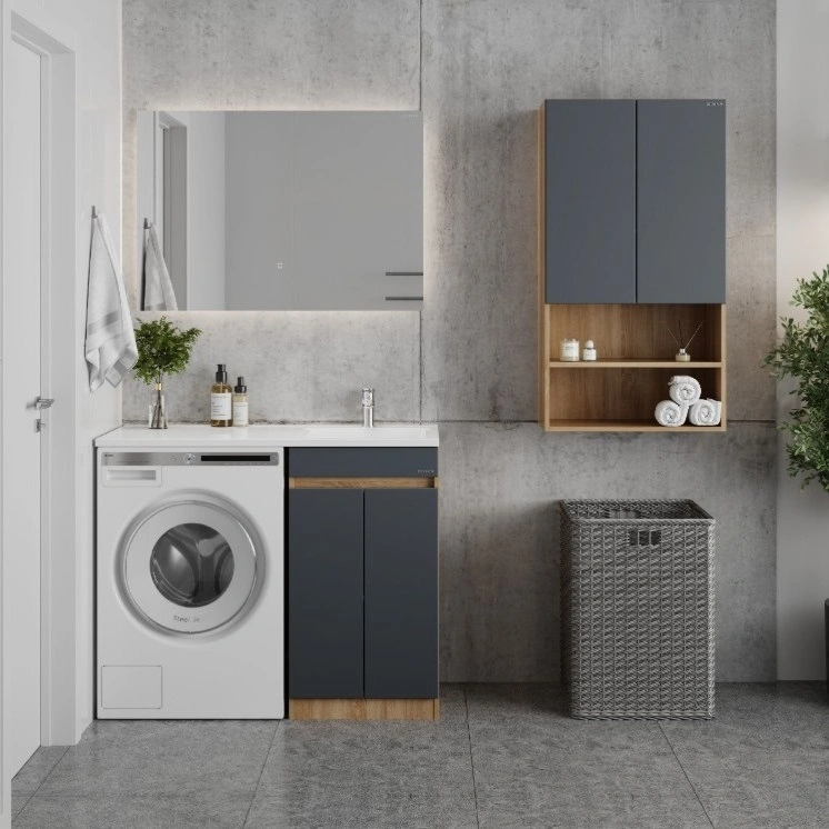 Тумба напольная Onika Милтон Нова 48 с раковиной Марсал 110 под стиральную машину, правая, серая/дуб сонома от магазина Vanna-Vanna.ru!