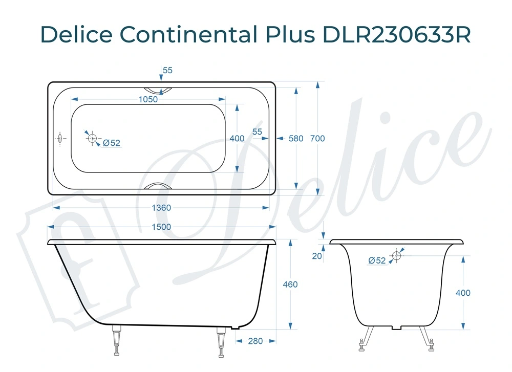 Ванна чугунная Delice Continental PLUS 150х70 DLR230633R с отверстиями под ручки от магазина Vanna-Vanna.ru!