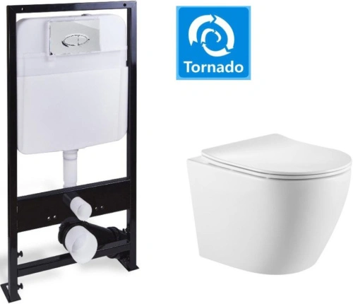 Унитаз подвесной SantiLine SL-5025+SL-01 с инсталляцией и кнопкой, белый