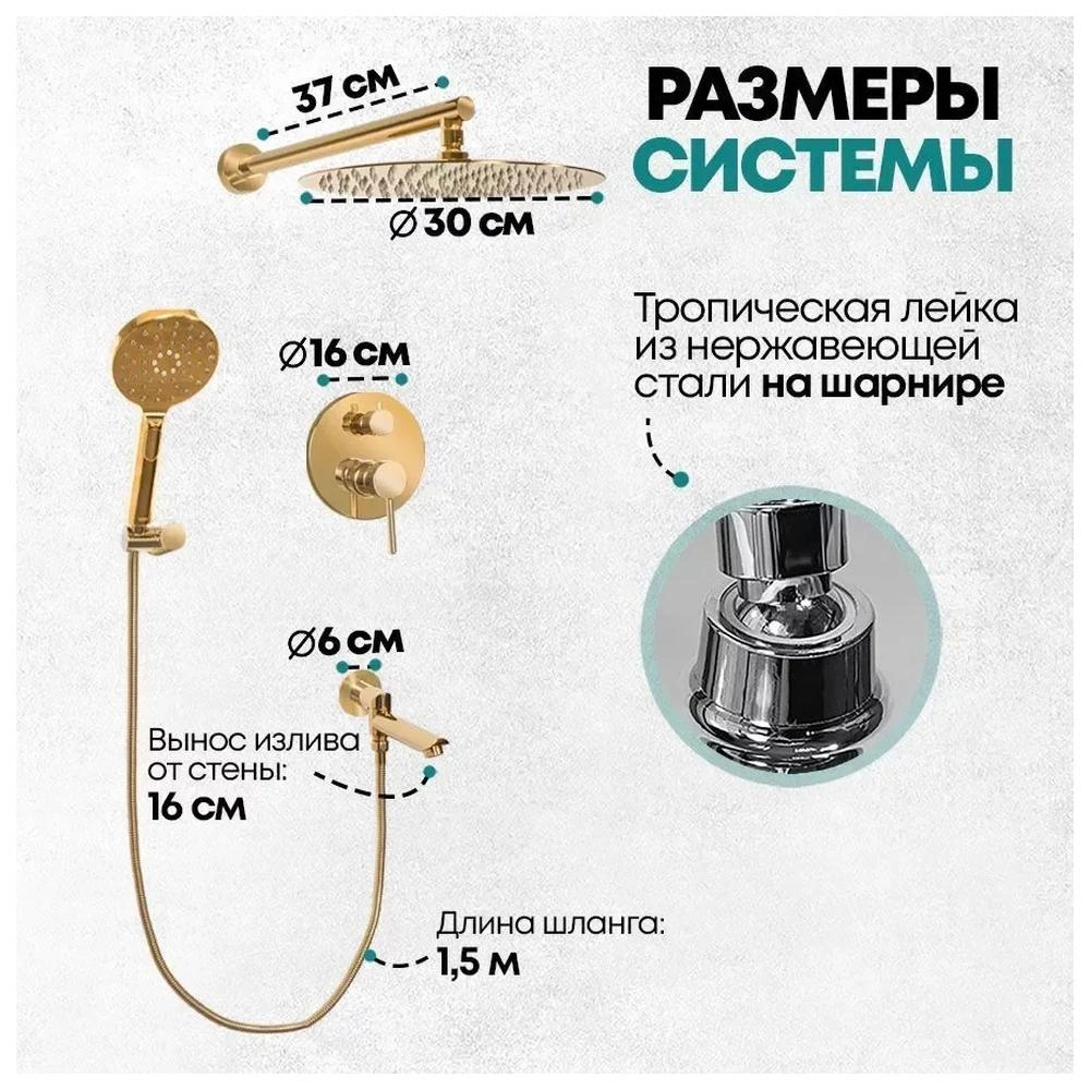 Душевая система встраиваемая Grocenberg GB5001GO, золото от магазина Vanna-Vanna.ru!