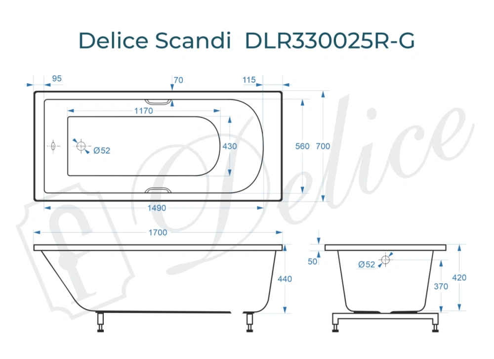 Ванна из литьевого мрамора Delice Scandi 170х70 глянцевая с ручками Хром DLR330025R-G от магазина Vanna-Vanna.ru!