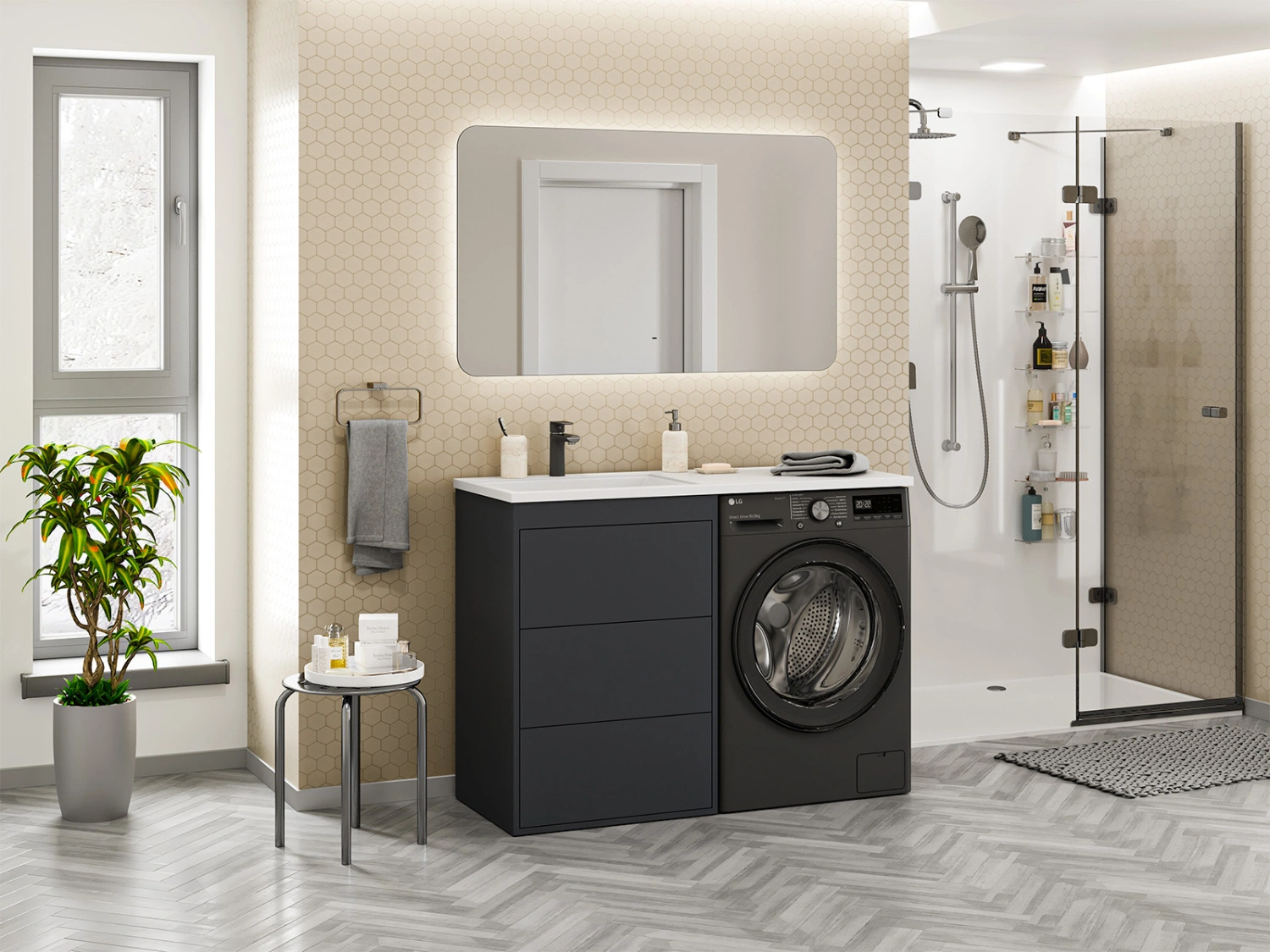 Тумба с раковиной Brevita Grafit 60 под стиральную машину, с раковиной Эстет Даллас 120 R, графит от магазина Vanna-Vanna.ru!