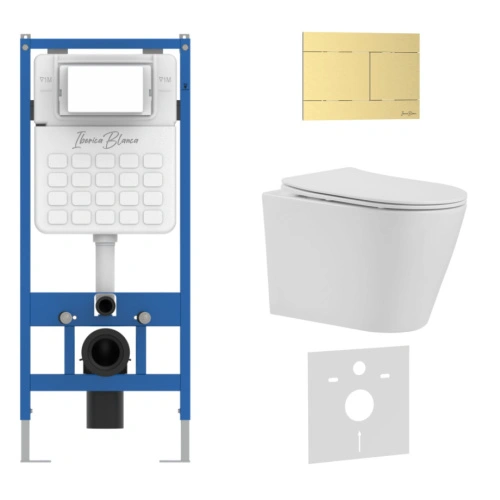 Комплект 3в1 IBERICA BLANCA инсталляция SILENCIO, унитаз BURGOS ALTO белый, кнопка смыва INOX-R золото матовое (IB001.BRA.231.1503)