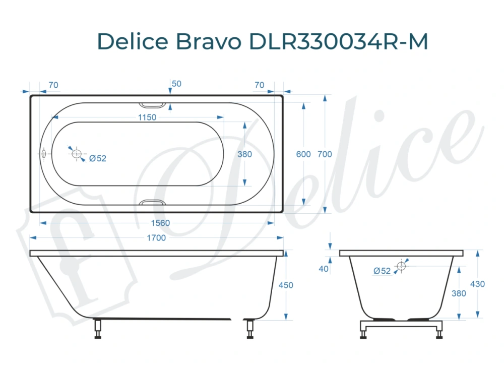 Ванна из литьевого мрамора Delice Bravo 170х70 матовая с ручками Хром DLR330034R-M от магазина Vanna-Vanna.ru!