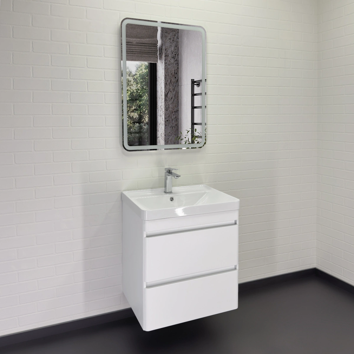 Тумба подвесная Comforty Енисей-60П2 белый глянец с раковиной 4460 от магазина Vanna-Vanna.ru!