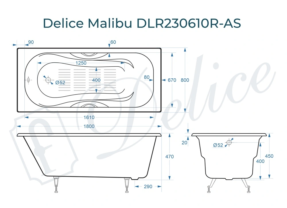 Ванна чугунная Delice Malibu 180х80 DLR230610R-AS с отверстиями под ручки и антискользящим покрытием от магазина Vanna-Vanna.ru!