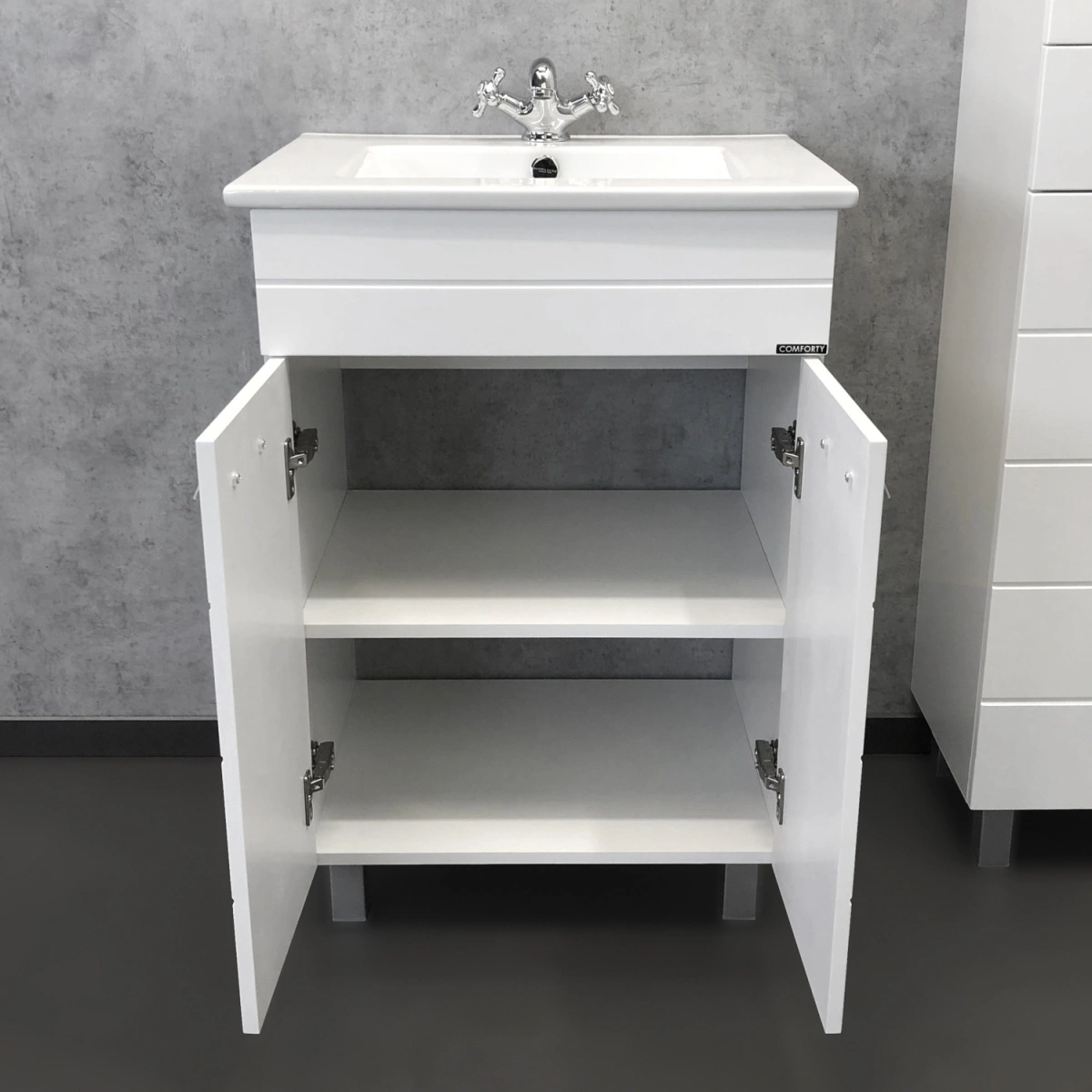 Тумба напольная Comforty Модена 60М белая с раковиной Квадро 60 от магазина Vanna-Vanna.ru!