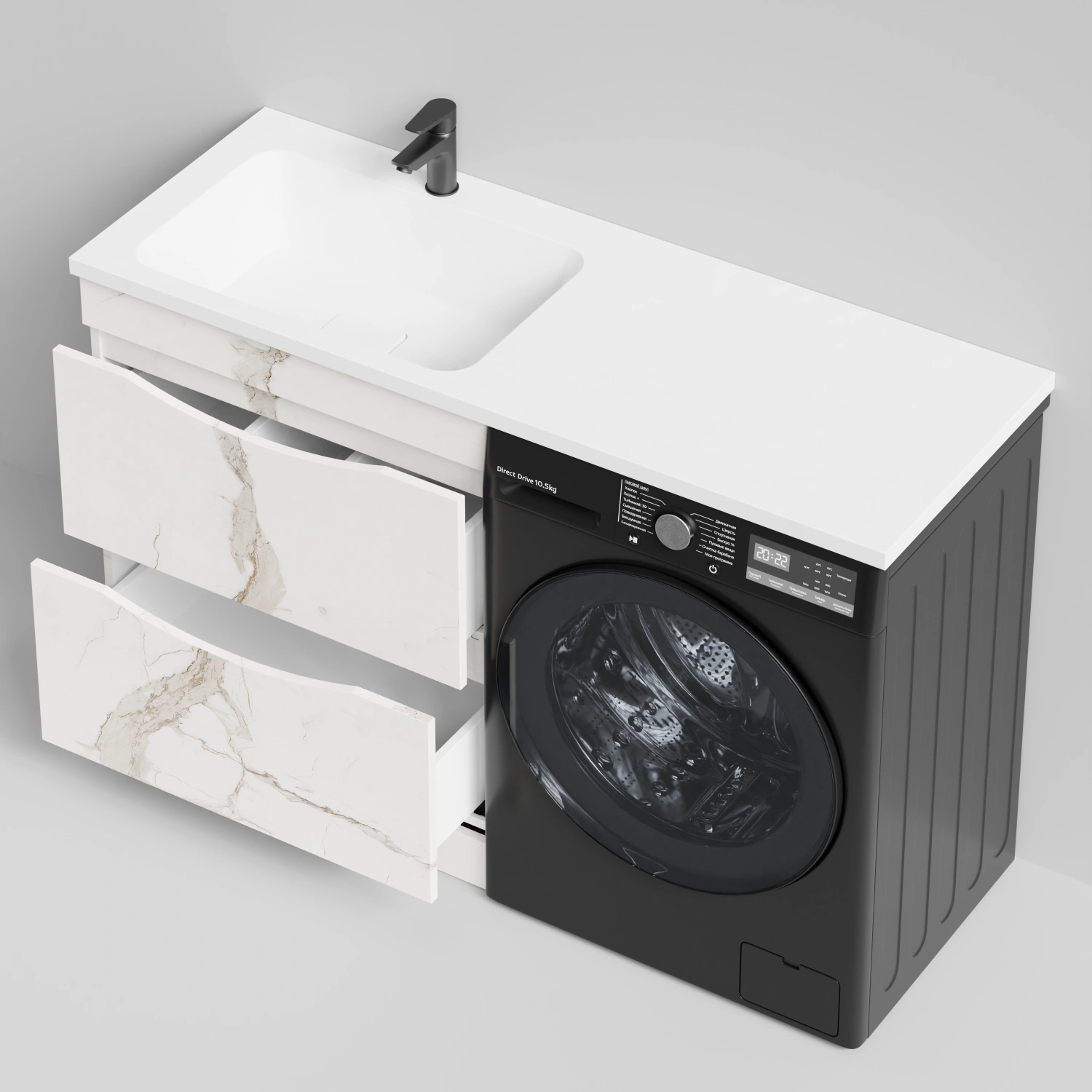 Тумба Vod-ok 68 с раковиной Смайл 130 напольная, под стиральную машину, левая, Мрамор Белый натур милк от магазина Vanna-Vanna.ru!