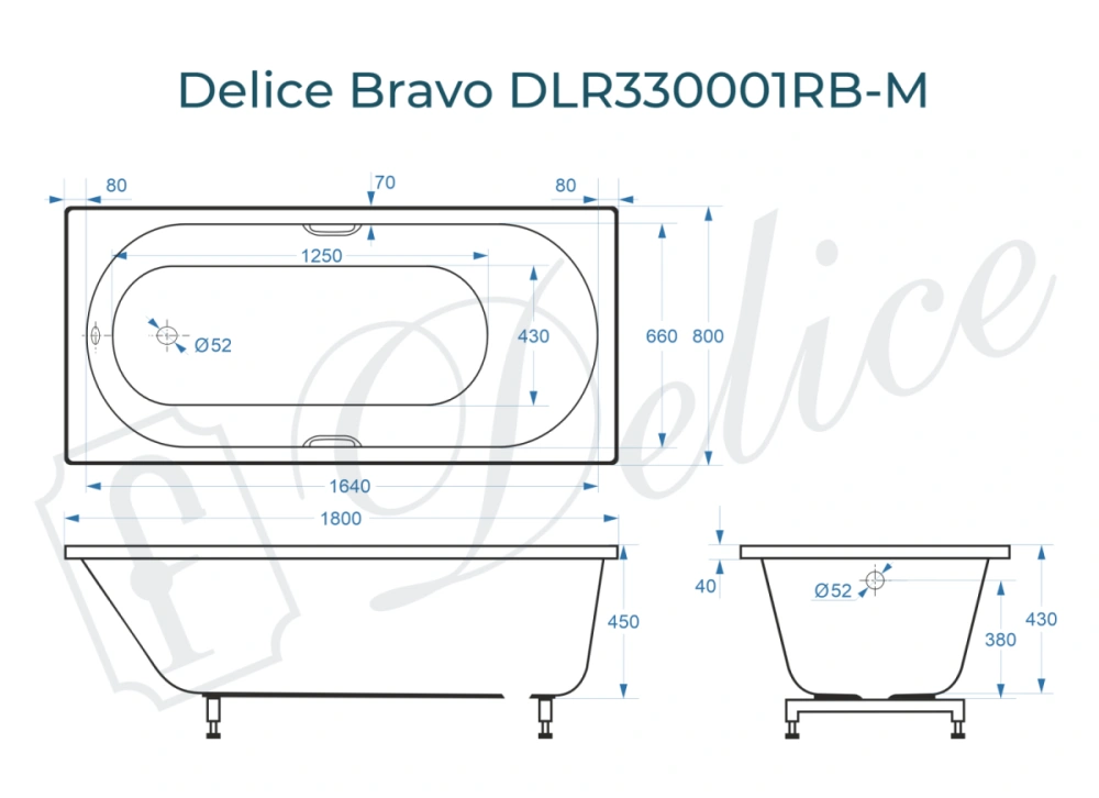 Ванна из литьевого мрамора Delice Bravo 180х80 матовая с черными ручками DLR330001RB-M от магазина Vanna-Vanna.ru!