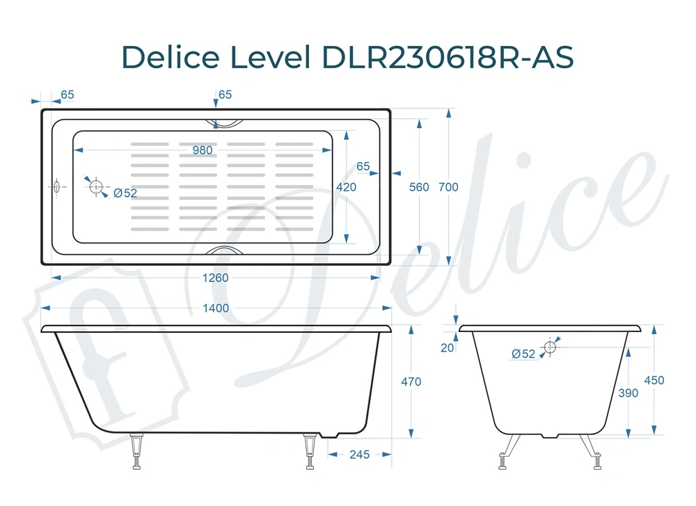 Ванна чугунная Delice Level 140х70 DLR230618R-AS с отверстиями под ручки и антискользящим покрытием от магазина Vanna-Vanna.ru!