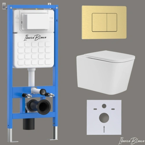 Комплект 3в1 IBERICA BLANCA инсталляция SILENCIO, унитаз TOLEDO ALTO белый, кнопка смыва INOX-C золото матовое (IB001.TLA.234.1150) от магазина Vanna-Vanna.ru!