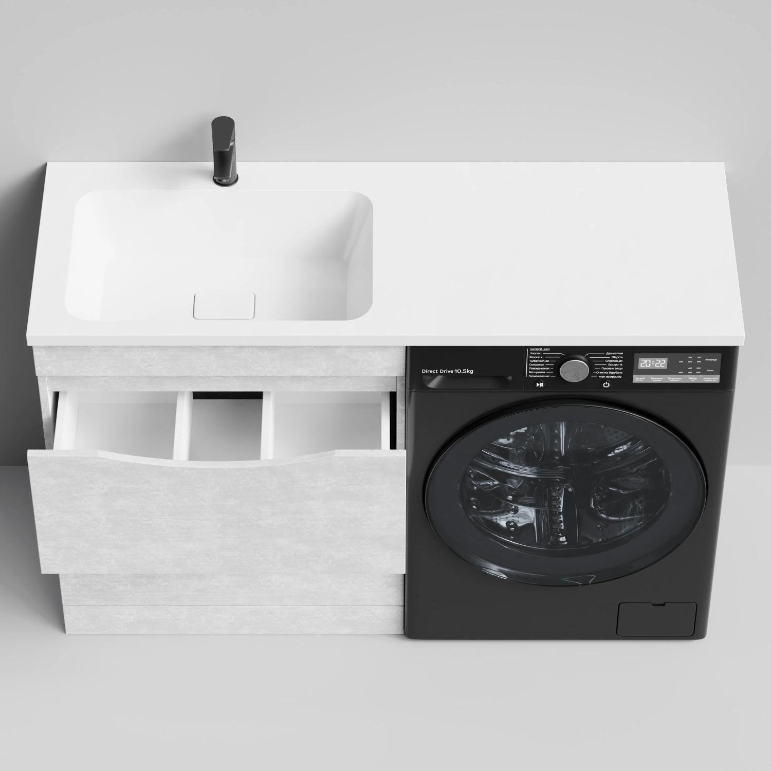 Тумба Vod-ok 68 с раковиной Смайл 130 напольная, под стиральную машину, левая, Белый камень