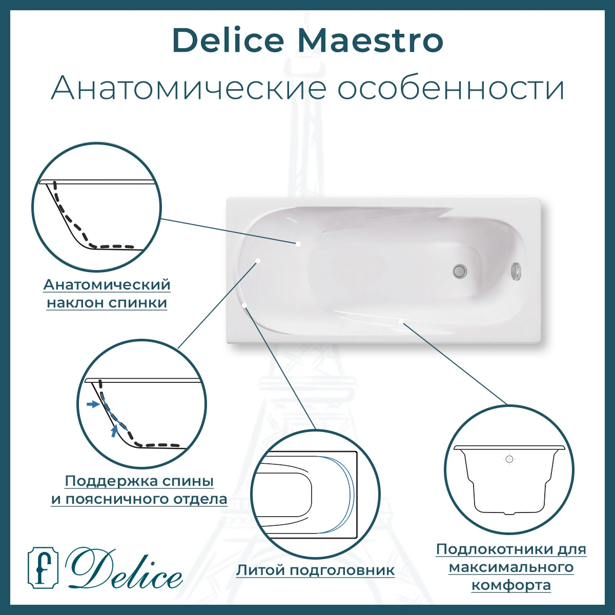 Ванна чугунная Delice Maestro 200х85 с отверстиями под ручки и антискользящим покрытием DLR230646R-AS от магазина Vanna-Vanna.ru!