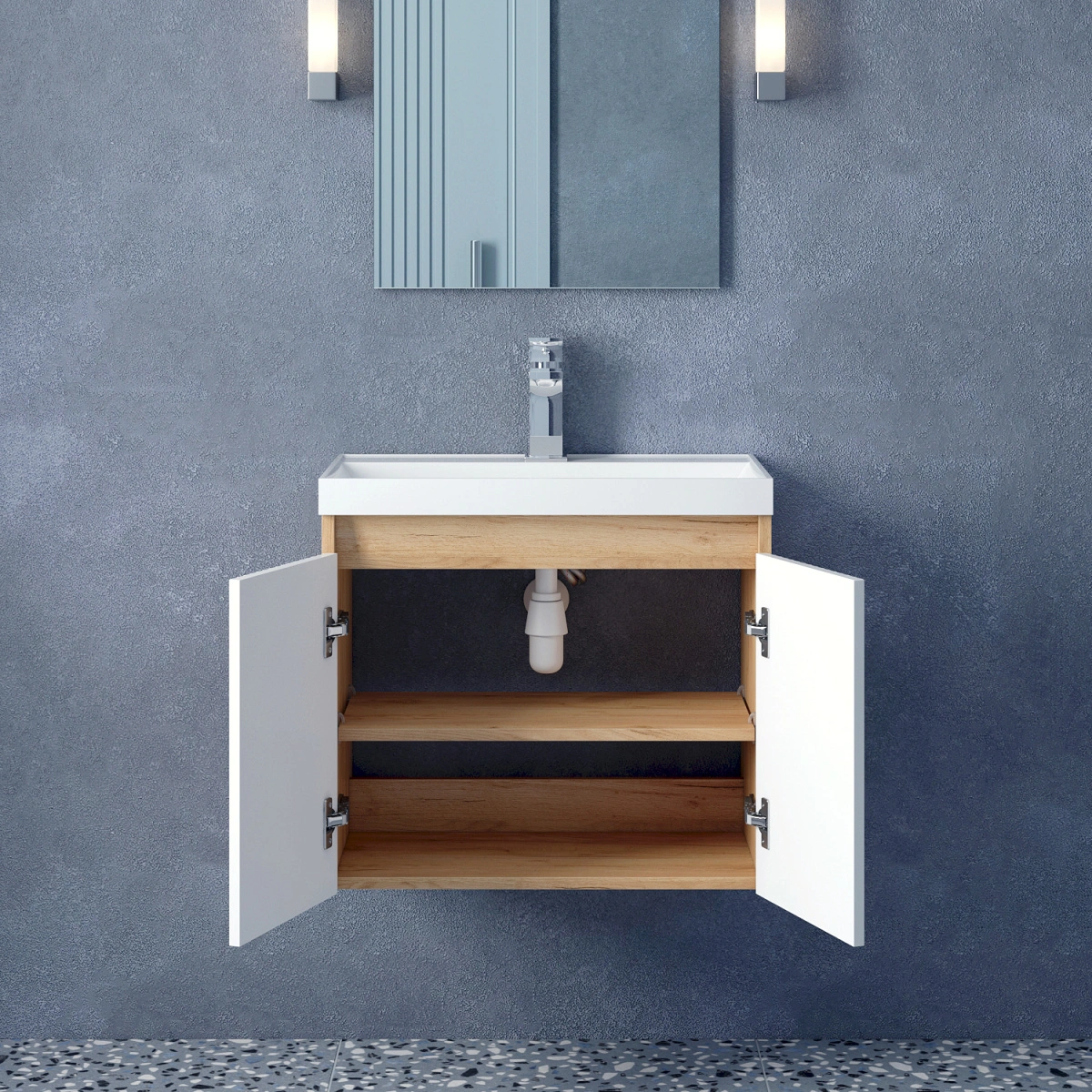 Тумба подвесная Corozo Блисс 60, дуб крафт, с раковиной Classica Slim 60 от магазина Vanna-Vanna.ru!
