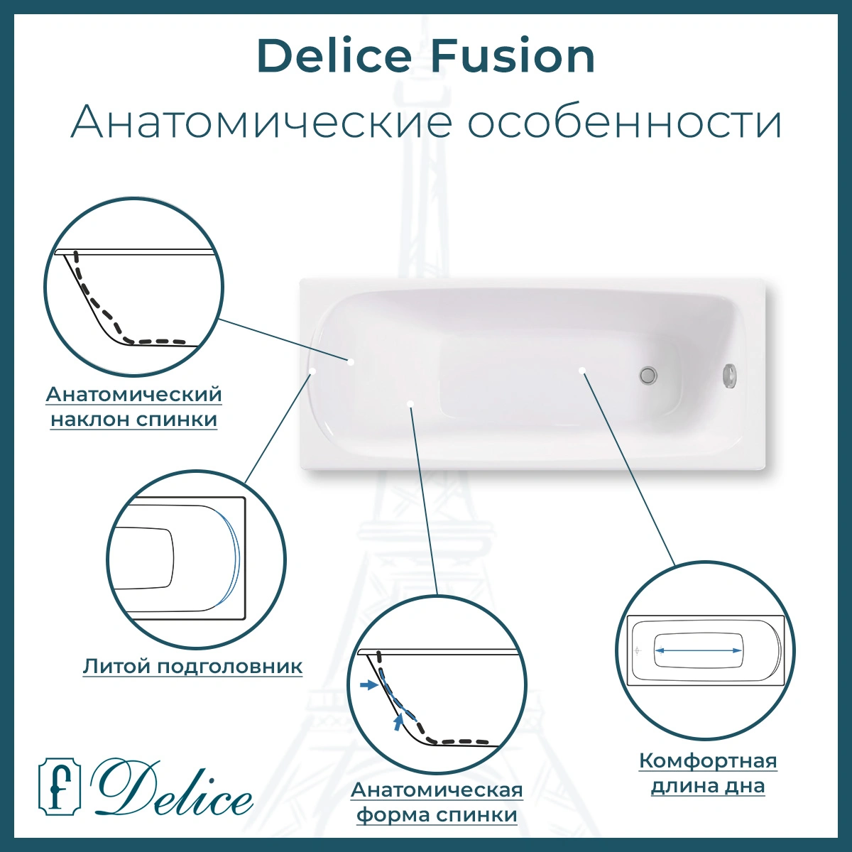 Ванна чугунная Delice Fusion 170х70 с отверстиями под ручки и антискользящим покрытием DLR230647R-AS от магазина Vanna-Vanna.ru!