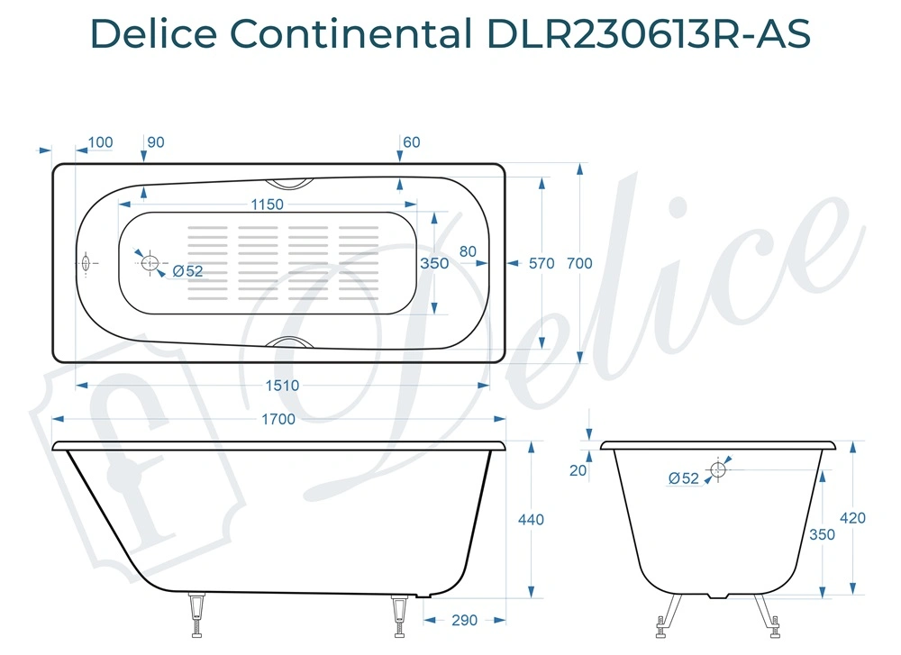 Ванна чугунная Delice Continental 170х70 DLR230613R-AS с отверстиями под ручки и антискользящим покрытием от магазина Vanna-Vanna.ru!
