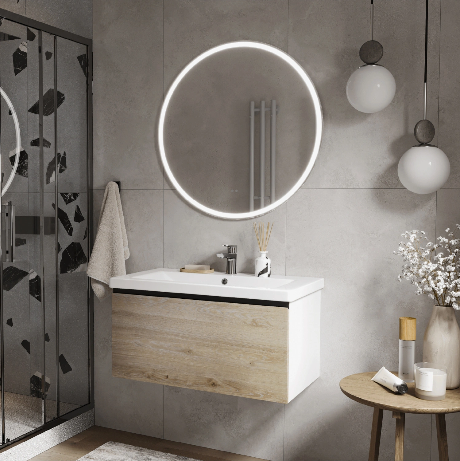 Тумба подвесная Vigo Cross 800-0-1 с раковиной Como 80, 1 ящик, дуб давос/белый от магазина Vanna-Vanna.ru!