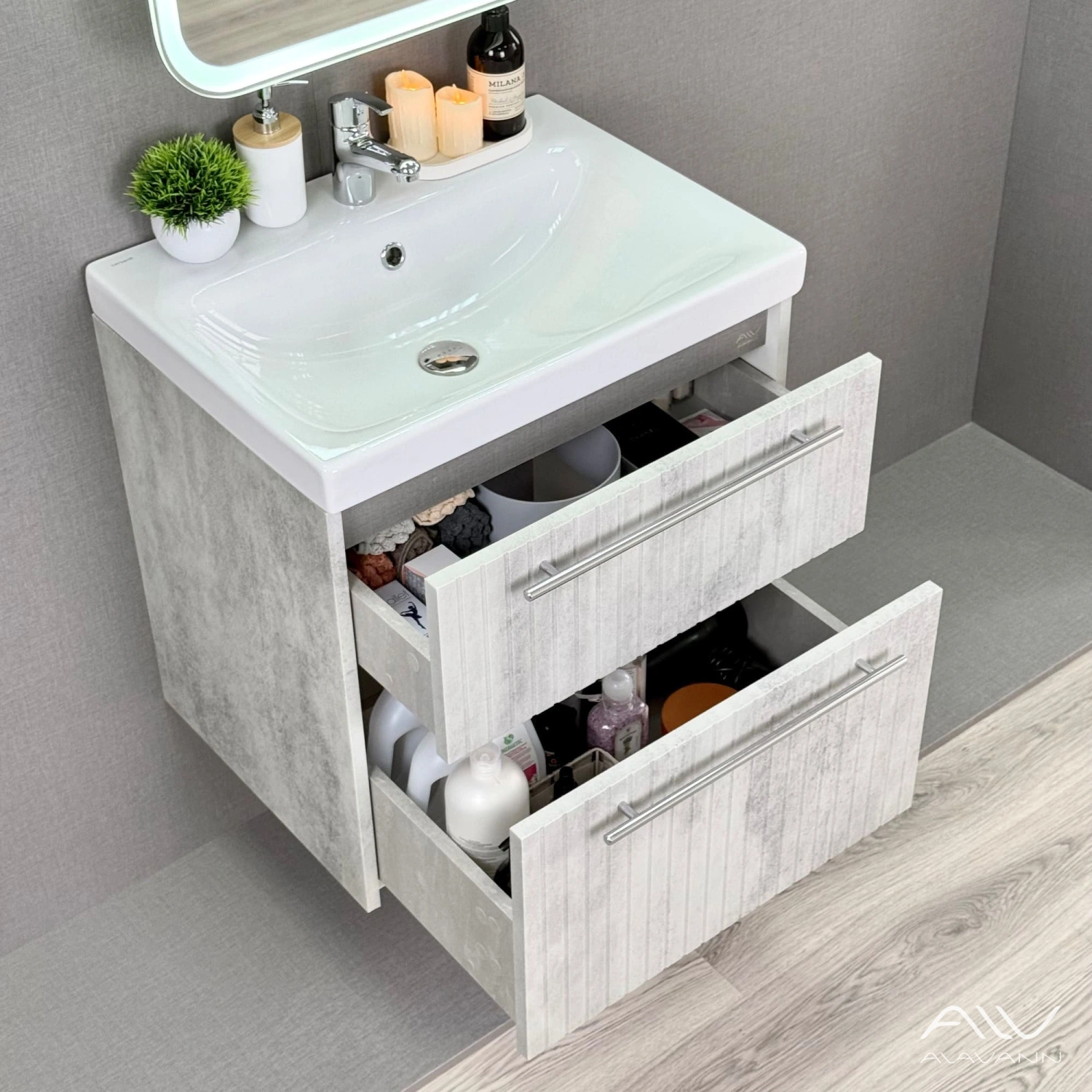 Тумба подвесная Alavann Emma 60 с раковиной Moduo 60, серый бетон от магазина Vanna-Vanna.ru!