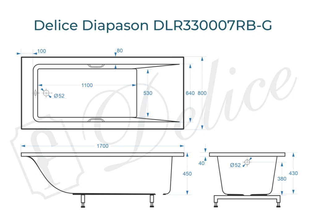 Ванна из литьевого мрамора Delice Diapason 170х80 глянцевая с черными ручками DLR330007RB-G от магазина Vanna-Vanna.ru!