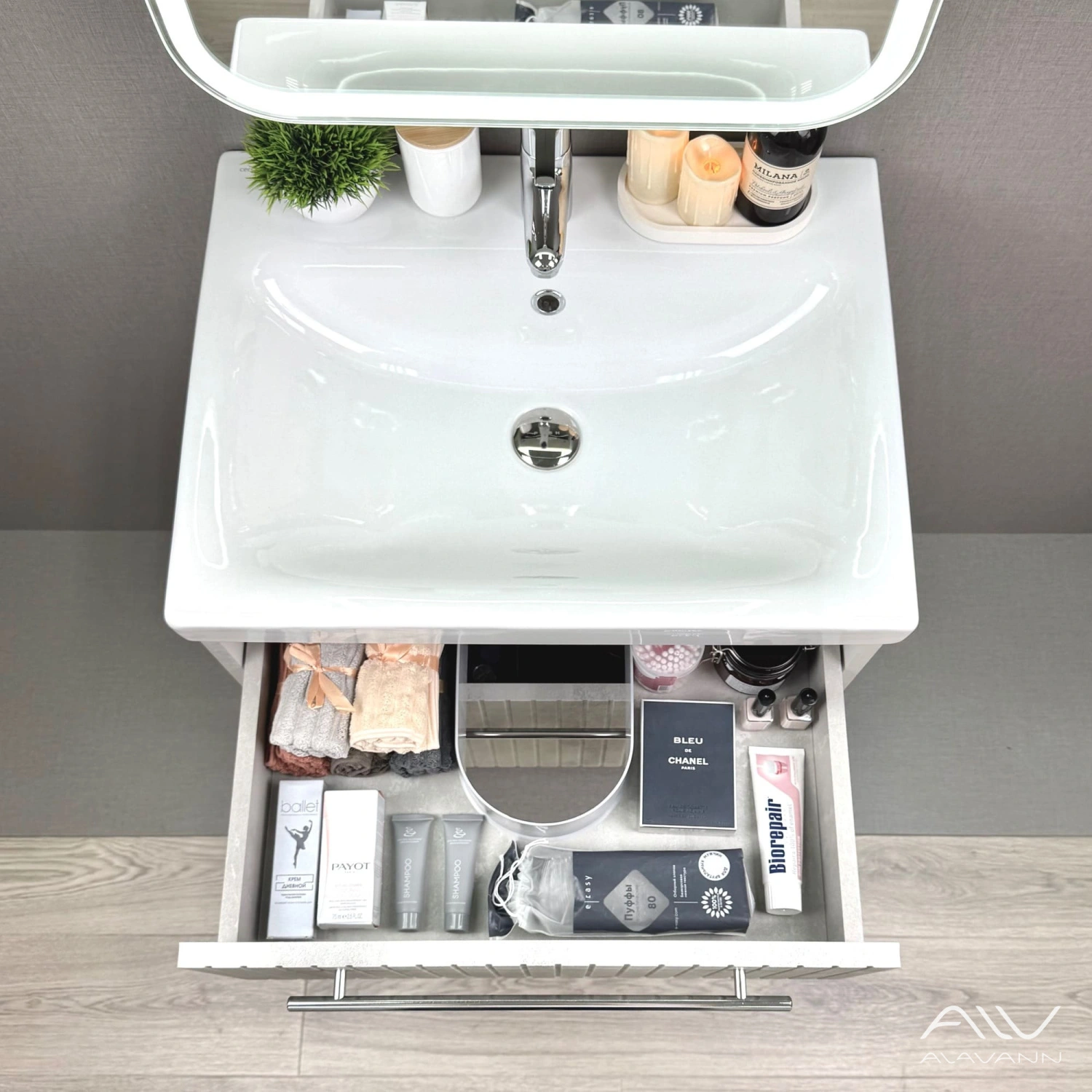 Тумба подвесная Alavann Emma 60 с раковиной Moduo 60, серый бетон от магазина Vanna-Vanna.ru!