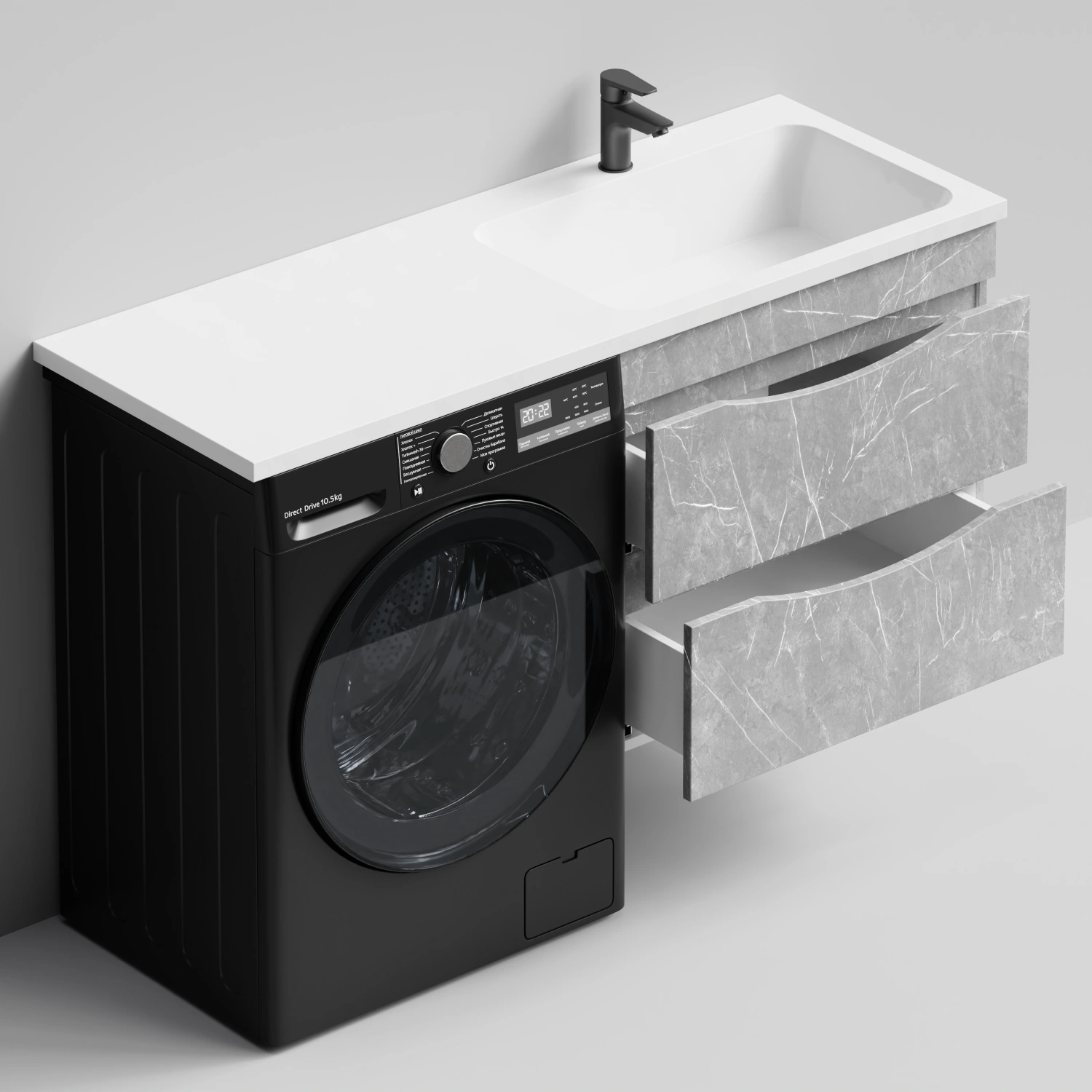 Тумба Vod-ok 68 с раковиной Смайл 130 подвесная, под стиральную машину, правая, Мрамор Белый софт тач от магазина Vanna-Vanna.ru!