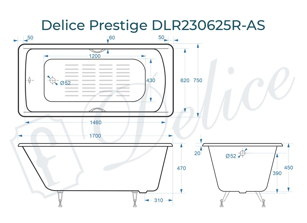 Ванна чугунная Delice Prestige 170х75 DLR230625R-AS с отверстиями под ручки и антискользящим покрытием от магазина Vanna-Vanna.ru!