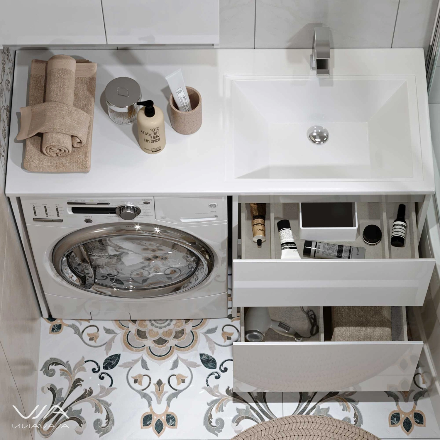 Тумба Alavann Soft Silver 53 с раковиной под стиральную машину Даллас 120 R, белая от магазина Vanna-Vanna.ru!