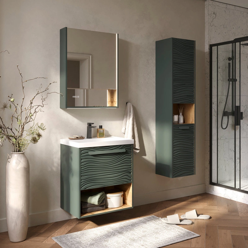 Тумба с раковиной EQUIL Gleam 60 подвесная, один ящик, зеленый камень/дуб вотан