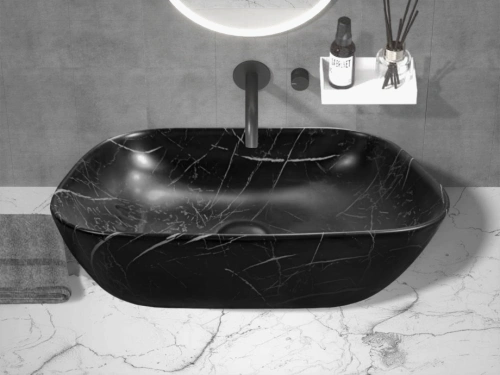 Раковина Ceruttispa CR8215MMB накладная, мрамор матовый черный, прямоугольная 455х320х135