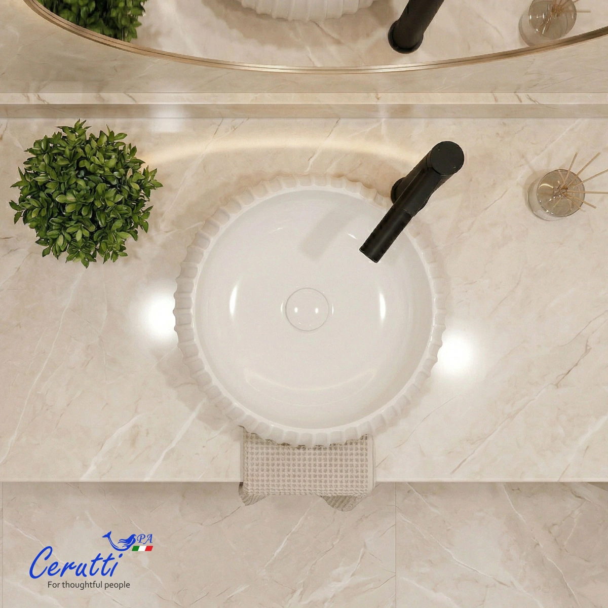 Раковина Ceruttispa CR0007 накладная, белая, круглая, ребристая 405х405х130 от магазина Vanna-Vanna.ru!