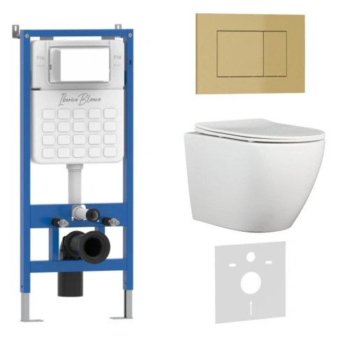 Комплект 3в1 IBERICA BLANCA инсталляция SILENCIO, унитаз BILBAO ALTO белый, кнопка смыва ESTI-S золото матовое (IB001.BLA.231.854) от магазина Vanna-Vanna.ru!