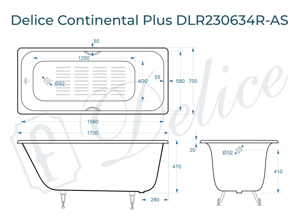Ванна чугунная Delice Continental PLUS 170х70 DLR230634R-AS с отверстиями под ручки и антискользящим покрытием от магазина Vanna-Vanna.ru!