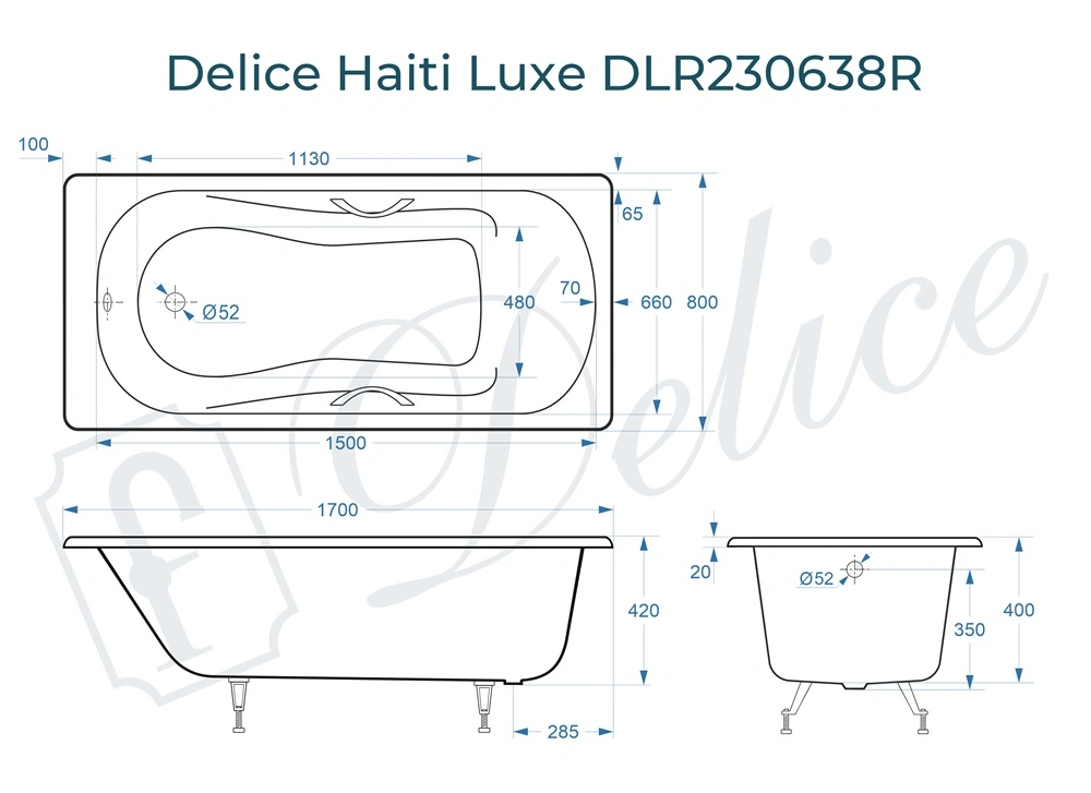 Ванна чугунная Delice Haiti Luxe 170х80 DLR230638R с отверстиями под ручки от магазина Vanna-Vanna.ru!