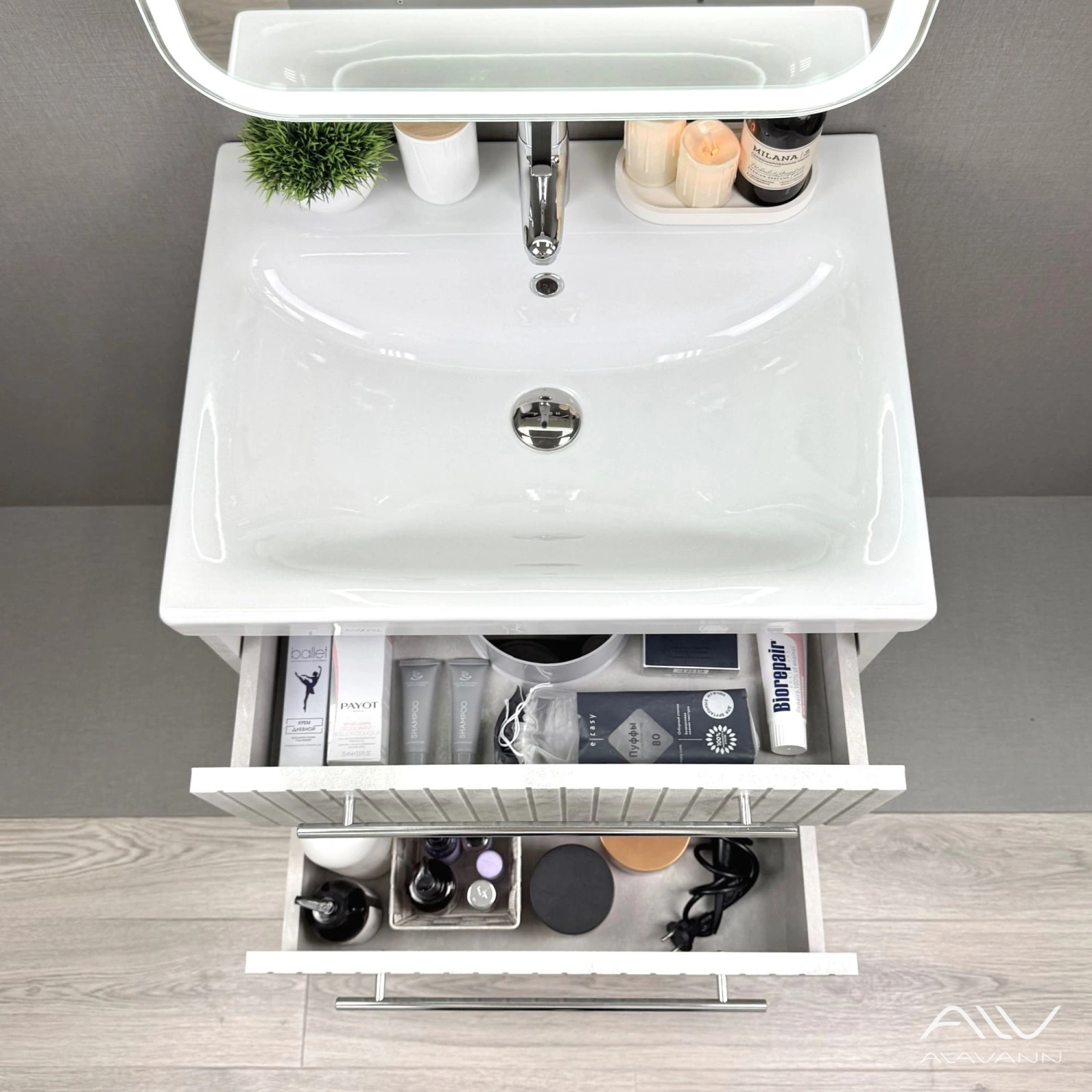 Тумба подвесная Alavann Emma 60 с раковиной Moduo 60, серый бетон от магазина Vanna-Vanna.ru!