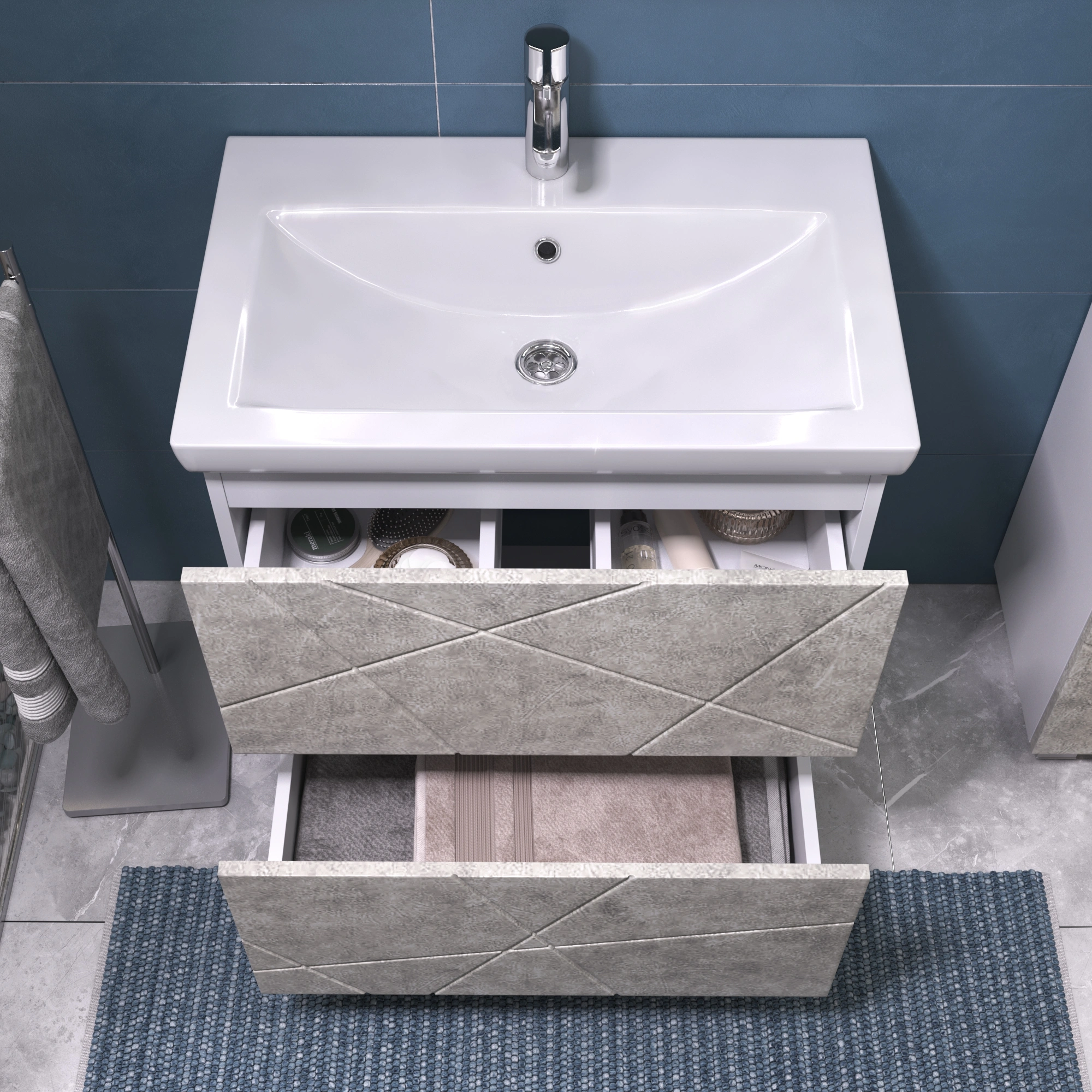 Тумба напольная Vigo Geometry 700-0-2 с раковиной Como 70, 2 ящика, бетон от магазина Vanna-Vanna.ru!